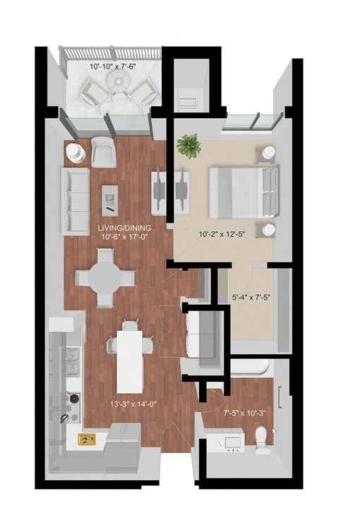 Floor plan for 1 bed, 1 bath, 733 sqft